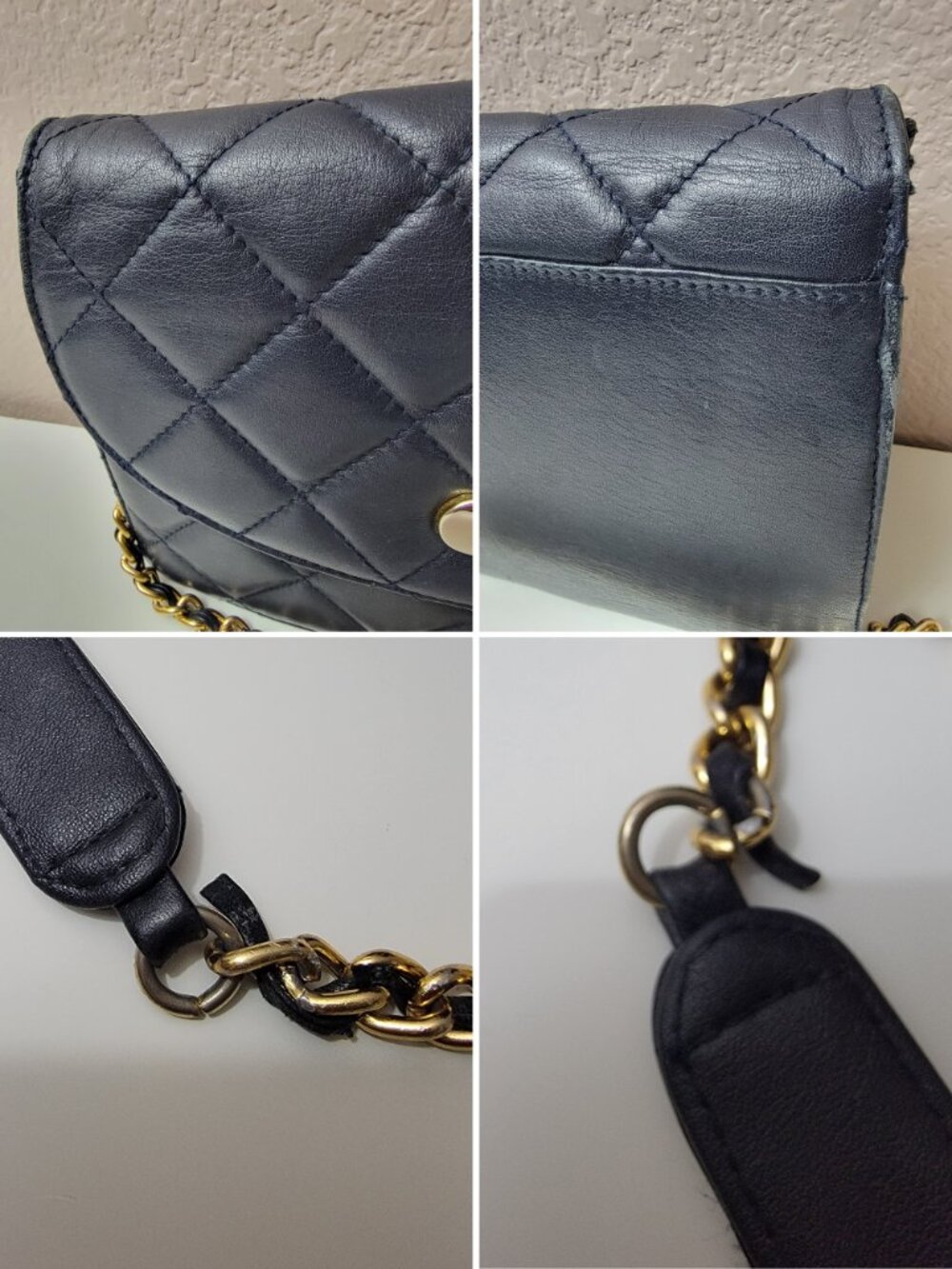 Giani Bernini Navy Quilted Leather Flap Crossbody Bag Gold Chain Strap Purse - Picture 10 of 12